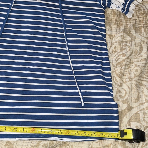 NWOT Slate Blue & White Stripe Crochet-Accent Notch Neck Tunic - Picture 3 of 7